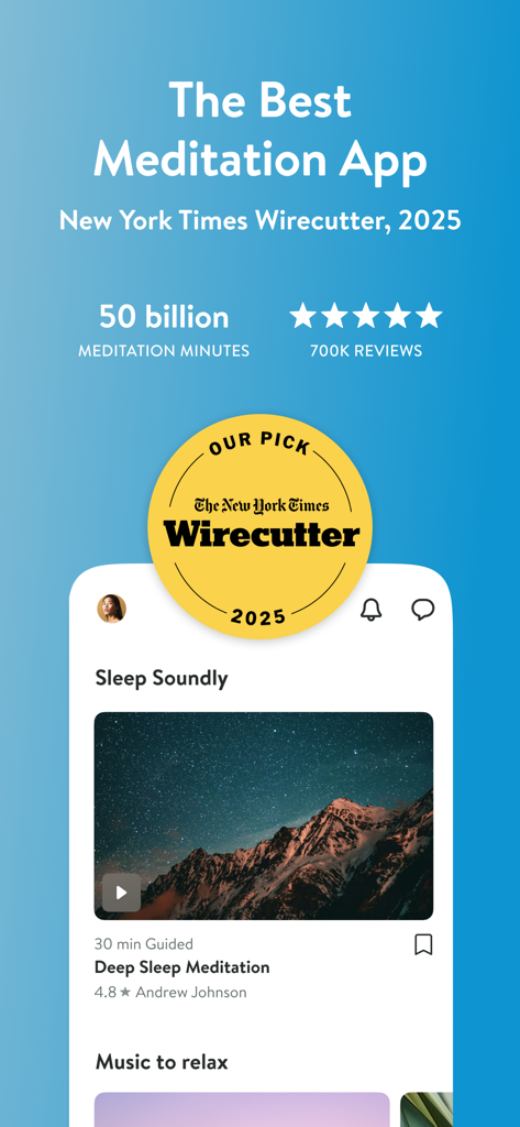 Insight Timer–Meditate & Sleep - Interface do aplicativo Insight Timer mostrando o prêmio Wirecutter 2025 do New York Times para o melhor aplicativo de meditação e conteúdo de sono profundo.