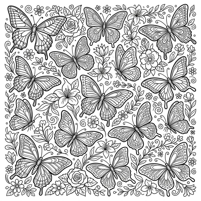 Discover the beauty of nature with this exquisite coloring page, brimming with elegant butterflies and delicate floral patterns. Perfect for a moment of calm, this intricate design offers a rewarding artistic escape for all ages.