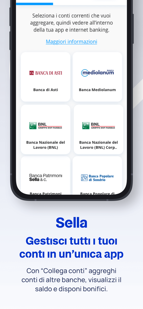 Sella - Interfaccia di mobile banking Sella che mostra l'aggregazione di conti di varie banche italiane