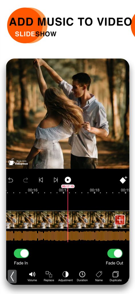 Mobile app interface showing how to add music and audio fades to a video slideshow