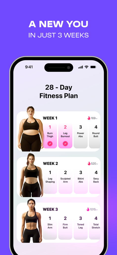 A mobile screen showing a personalized 28 day fitness plan with weight loss progress tracking