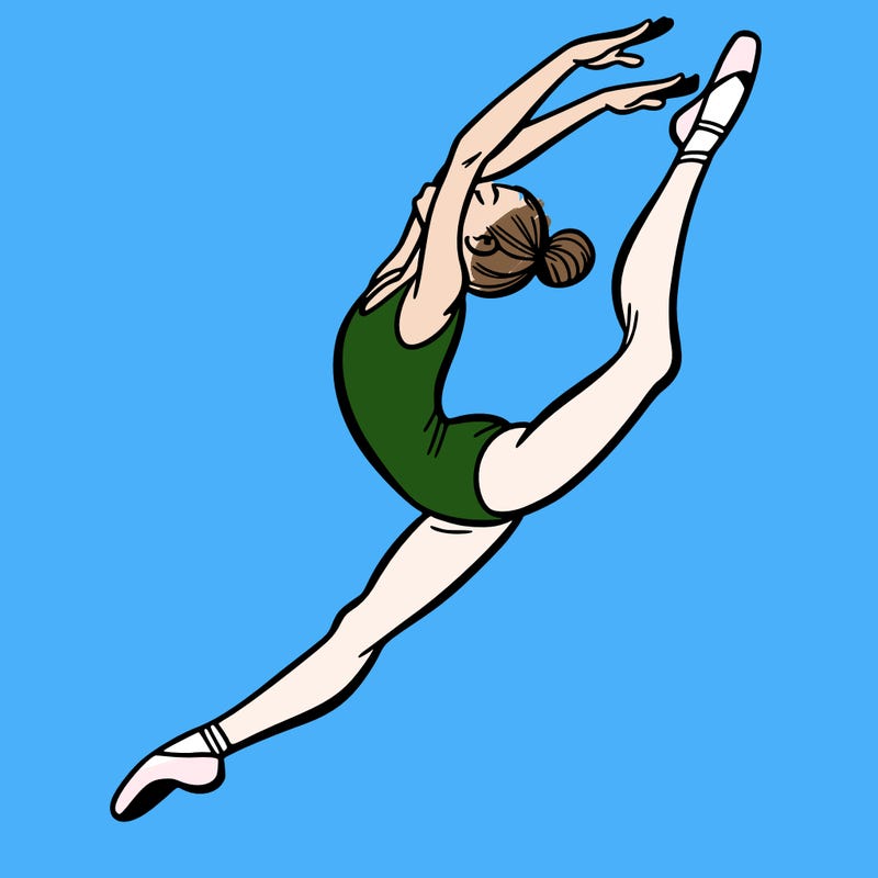 gymnast doing a leap in a leotard with a bent back leg