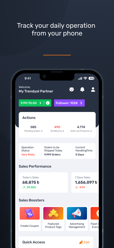 Trendyol Seller Center - Trendyol Seller Center app dashboard showing daily sales and operation status on a smartphone