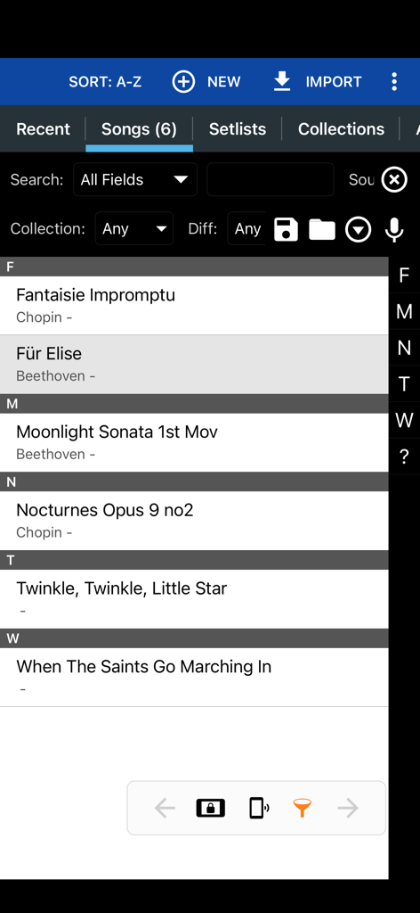 MobileSheetsLiteアプリのインターフェースに、クラシックおよびポピュラーソングのリストが音楽ライブラリに表示されています。