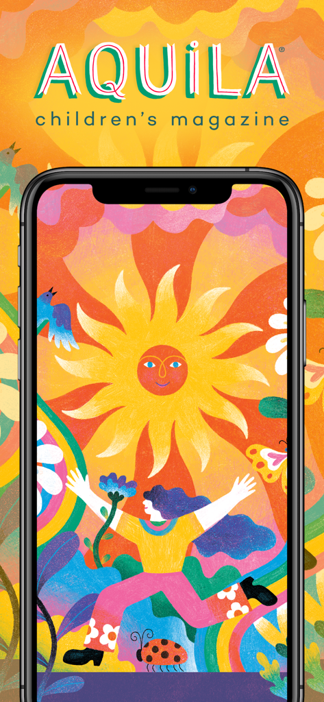 Vibrant artistic illustration of a smiling sun and a joyful person on the Aquila Childrens Magazine app.
