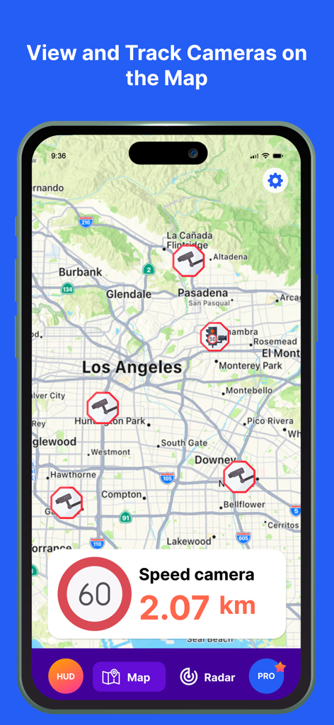 Tela do aplicativo móvel mostrando locais de câmeras de velocidade e semáforo vermelho em um mapa de Los Angeles