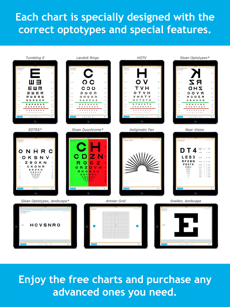 Eye Chart Pro - Display of various professional eye charts on iPads including Tumbling E, Snellen, and Amsler Grid
