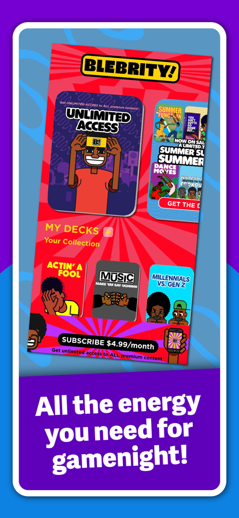 BLeBRiTY charades app interface featuring culturally themed game decks for social gatherings.