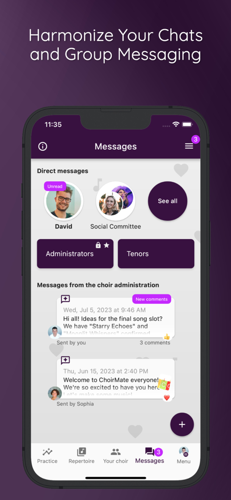 Mobile interface of ChoirMate app showing direct messages and group chat folders for choir organization