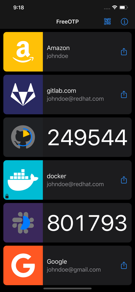 FreeOTP app screen showing two-factor authentication codes for various services like GitHub and Slack