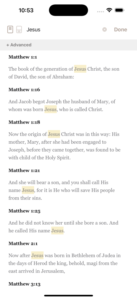 Holy Bible Recovery Version - Bible verse search results for the keyword Jesus in the Holy Bible Recovery Version app.