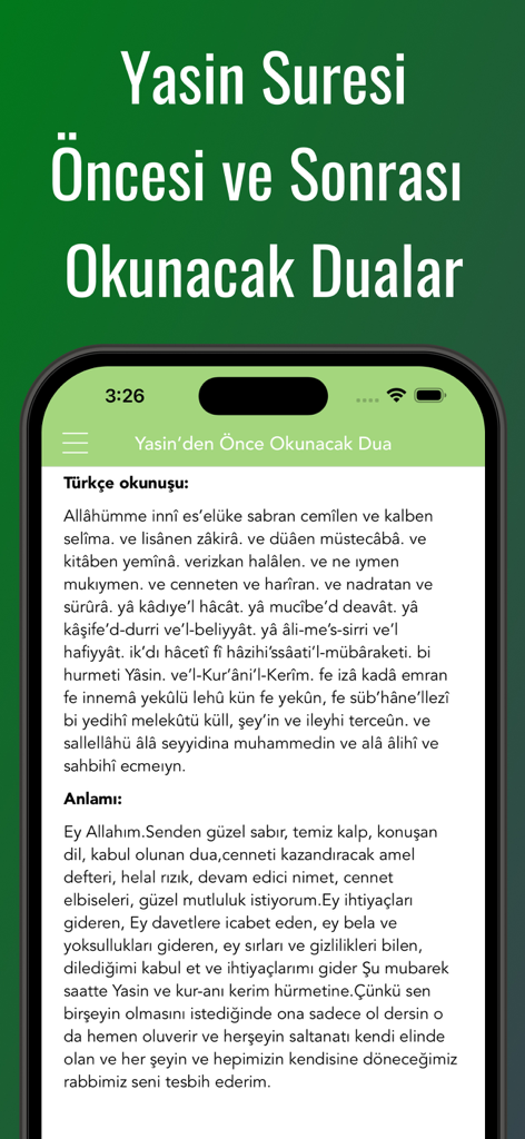 Yasin Suresi (Yasin-i Şerif) - A screenshot of the Yasin Suresi mobile app showing a prayer in Turkish with its pronunciation and meaning.
