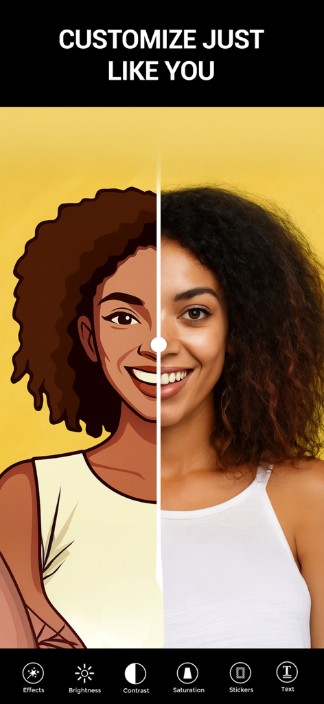 Photo To Cartoon Yourself Edit - Una pantalla dividida que muestra un retrato real de una mujer junto a su versión caricaturizada con herramientas de edición móvil.