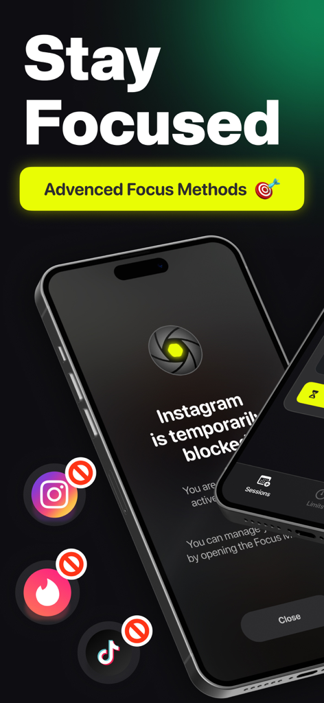 Screen Time Control: FocusMate - A smartphone screen showing an app block notification for Instagram with the FocusMate app interface.