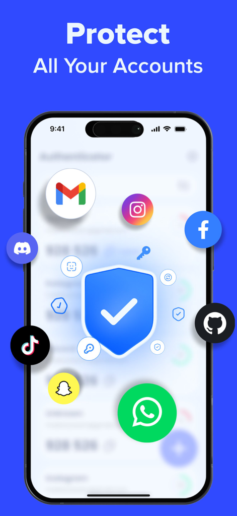 Authenticator App - 2FA Auth - iPhone screen showing the Authenticator App protecting various social media and productivity platforms with a central security shield