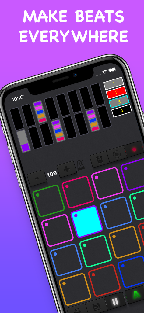 Drum & Rhythm Pad - Beat Maker - Interfaz de la app móvil Drum and Rhythm Pad con pads musicales coloridos para crear beats.