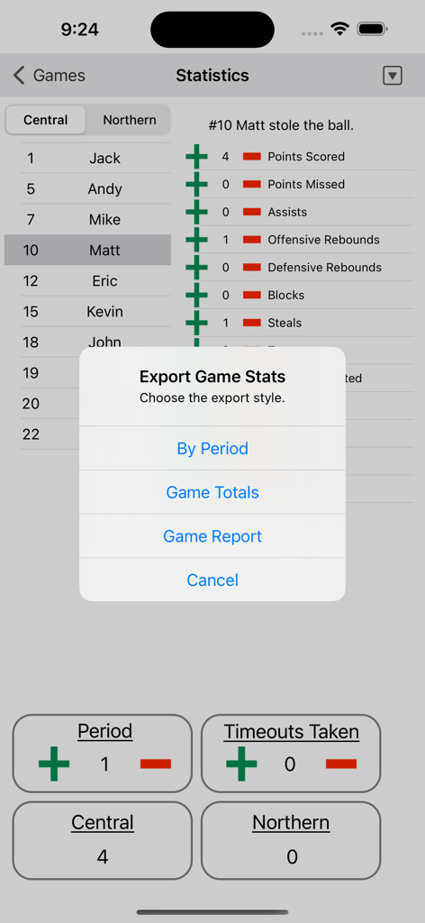 Basketball Analytics - 농구 분석 앱 인터페이스가 플레이어 통계 목록 위에 게임 통계 내보내기 메뉴를 보여줍니다