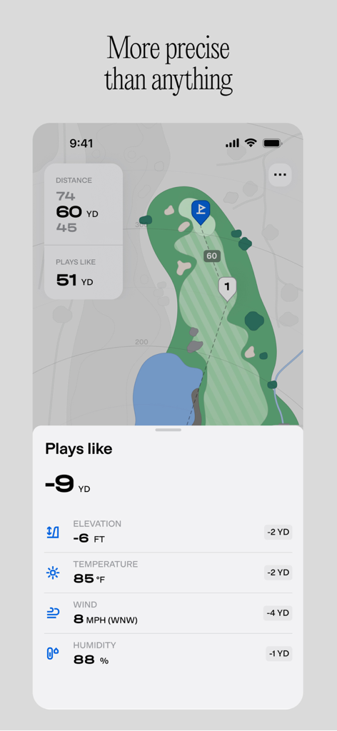 Golfmetrics - Golfmetrics app showing plays like distance adjustments based on wind elevation and temperature