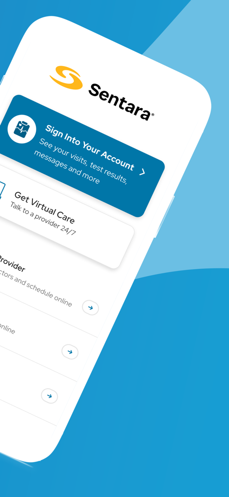 Sentara MyChart app home screen featuring sign in and virtual care options