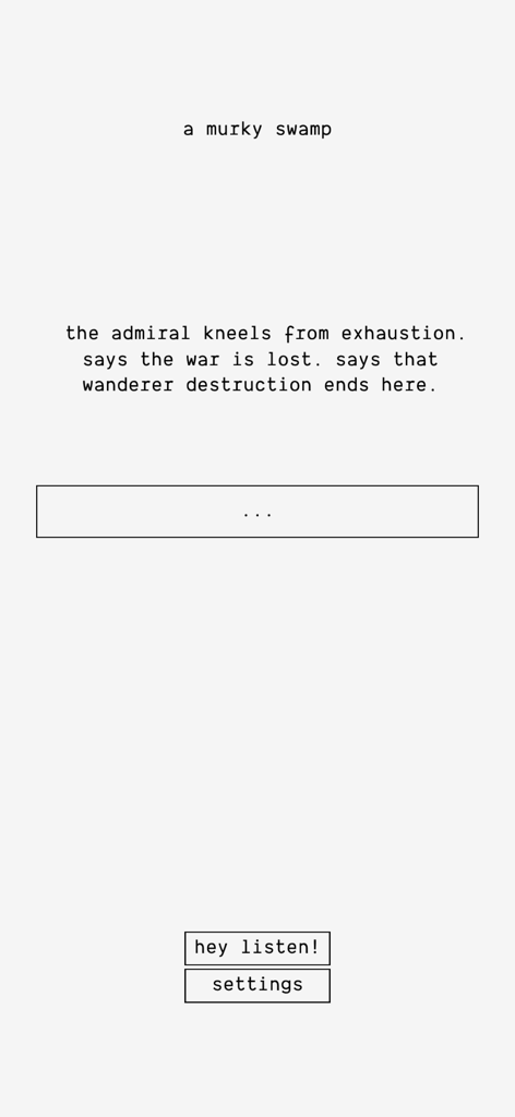 The Ensign - A minimalist text-based gameplay screen from The Ensign showing narrative story text and simple interface buttons on a light background.