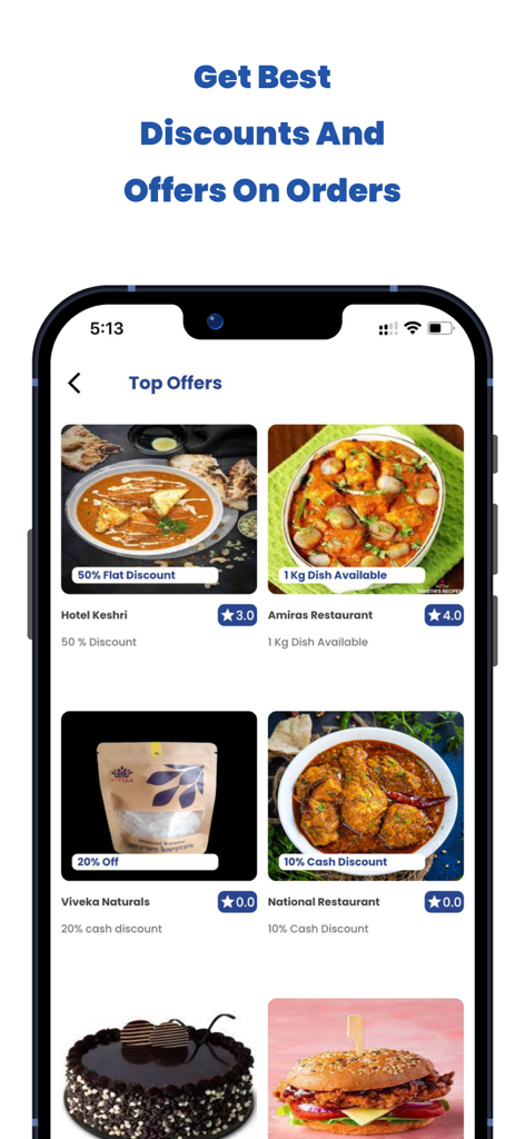 Screenshot of the SendMe app displaying top offers and discounts on food and grocery orders