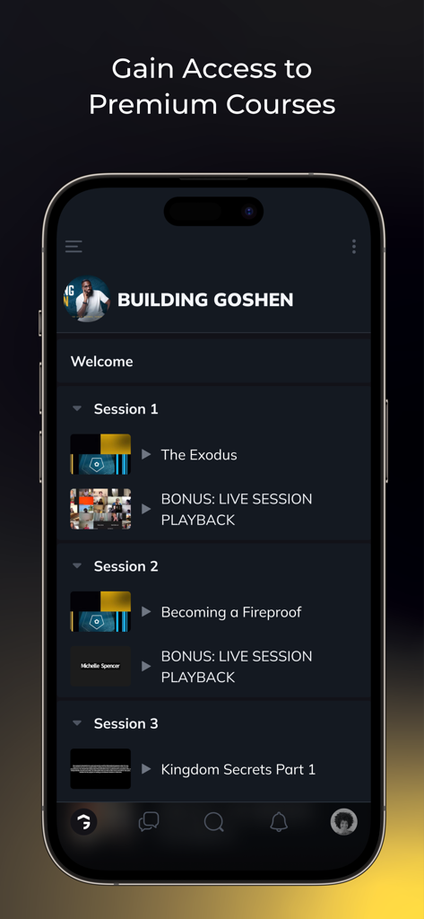 Goshen - A smartphone displaying the Goshen app interface with a list of premium courses including sessions on biblical entrepreneurship and wealth building.