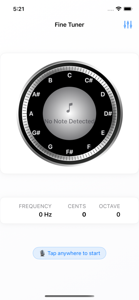 Fine Tuner - Fine Tuner app main interface showing a circular chromatic note dial and frequency display