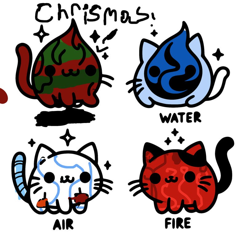 4 cats that represent the different elements, earth, water, air, and fire