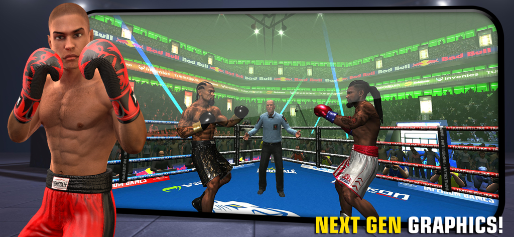 Boxing - Fighting Clash - Dos boxeadores se preparan para luchar en una arena realista con un árbitro en el juego móvil Boxing Fighting Clash.