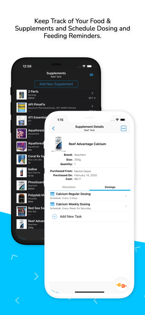 Aquarimate - Aquarimate app screens showing a list of aquarium supplements and detailed dosing schedules for a reef tank