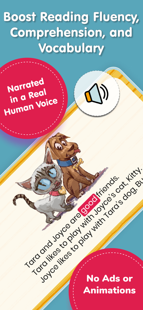 Interface of a second grade reading app highlighting human voice narration and reading comprehension features with a story illustration.