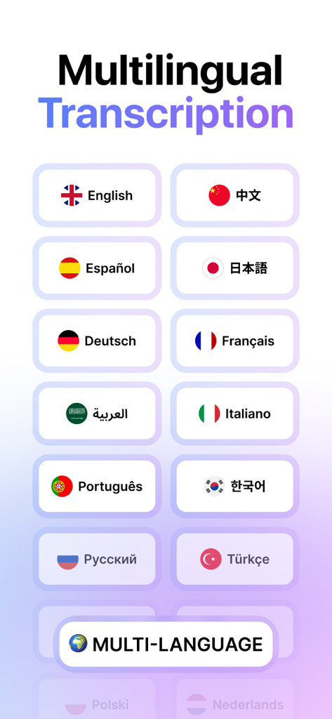 Notes AI: AI Note Taker - A screenshot of the Notes AI app displaying its multilingual transcription feature with a list of supported languages and flags.