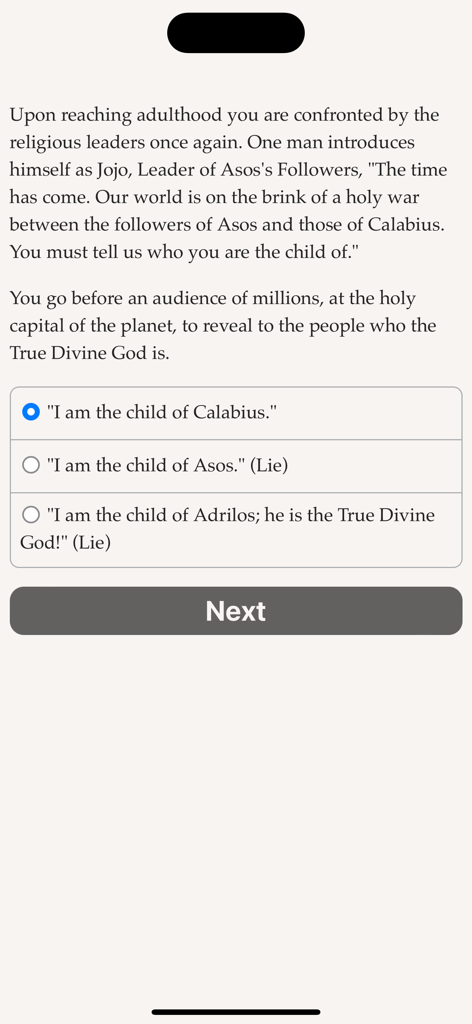 The Aether: Life as a God - A text-based gameplay screen from The Aether Life as a God showing a narrative choice about divine heritage.