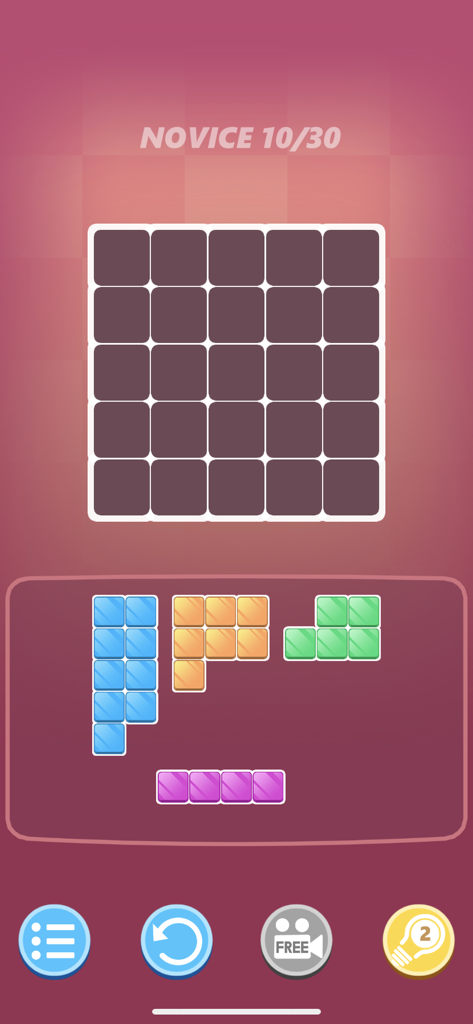 Block Hit - Puzzle Game - A gameplay screenshot of Block Hit Puzzle Game showing a five by five grid with colorful block shapes to be placed at a novice level