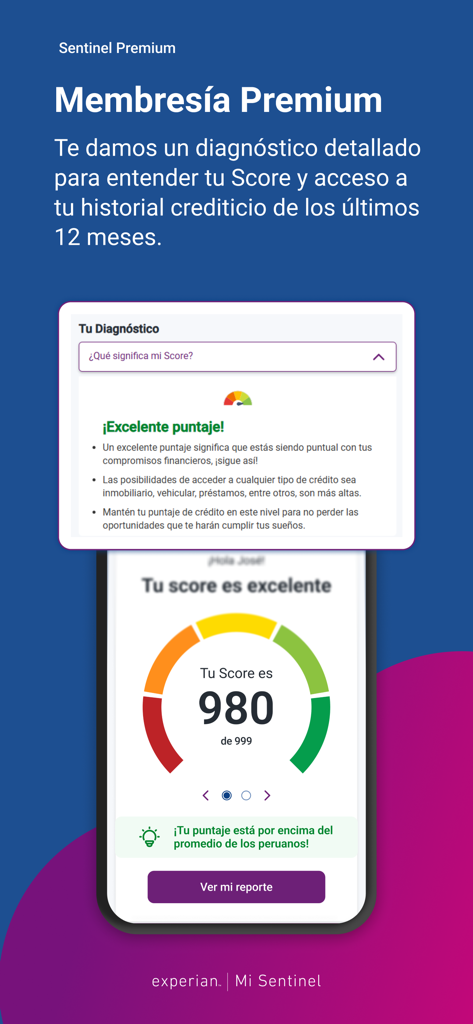 Captura de pantalla de la aplicación Mi Sentinel que muestra las funciones de membresía premium y un puntaje crediticio alto de 980 con un mensaje de diagnóstico excelente.