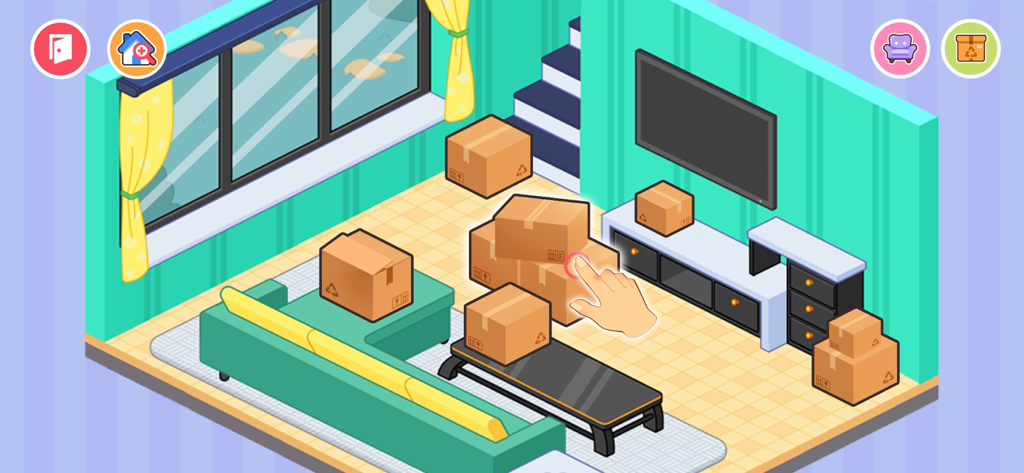 Avatar Home Maker Games World - Child game screen showing a living room with cardboard boxes and a hand icon indicating an unboxing interaction for a house makeover.