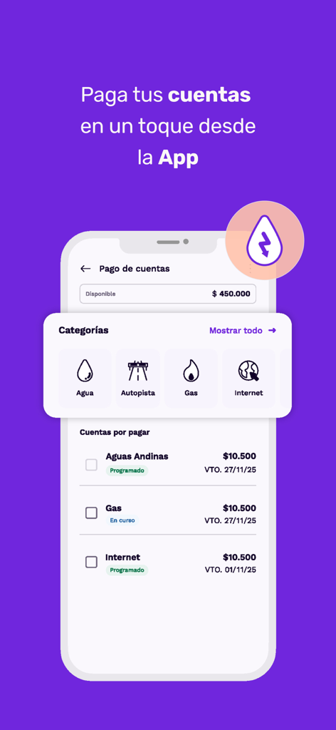 Prex Chile - Cuenta Digital - A mobile app interface from Prex Chile showing various bill payment categories such as water, gas, and internet with a list of upcoming bills to pay.