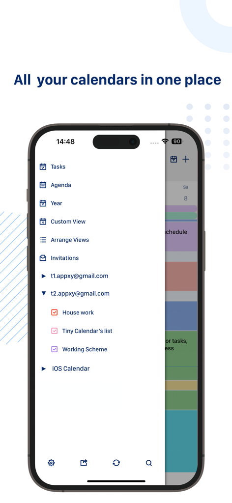 Tiny Calendar Pro - Aplicación Tiny Calendar Pro en iPhone que muestra calendarios sincronizados de Google e iCloud en un menú unificado
