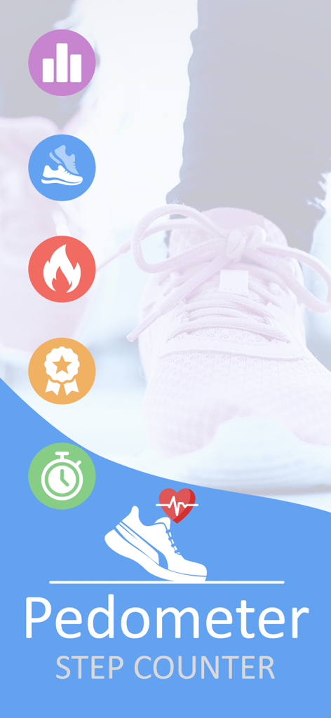 Pedometer Schrittzähler App Intro-Bildschirm mit Symbolen für Schritte, Kalorien und Aktivitätsberichte