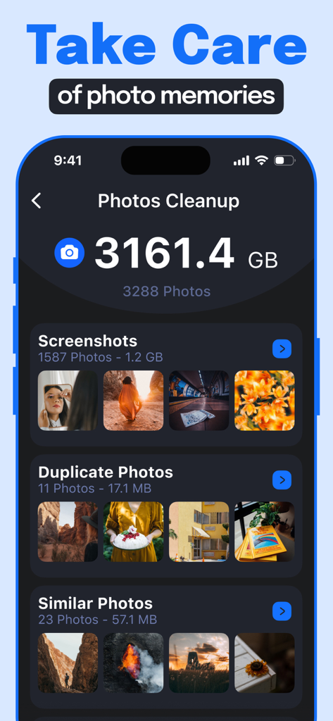 Clear app dashboard showing photo storage usage with categories for screenshots duplicate photos and similar photos