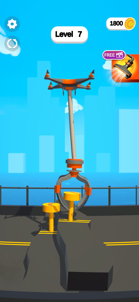 Claw Builder: Drone Machine - A drone with a claw attachment hovering over a damaged road in the Claw Builder mobile game.