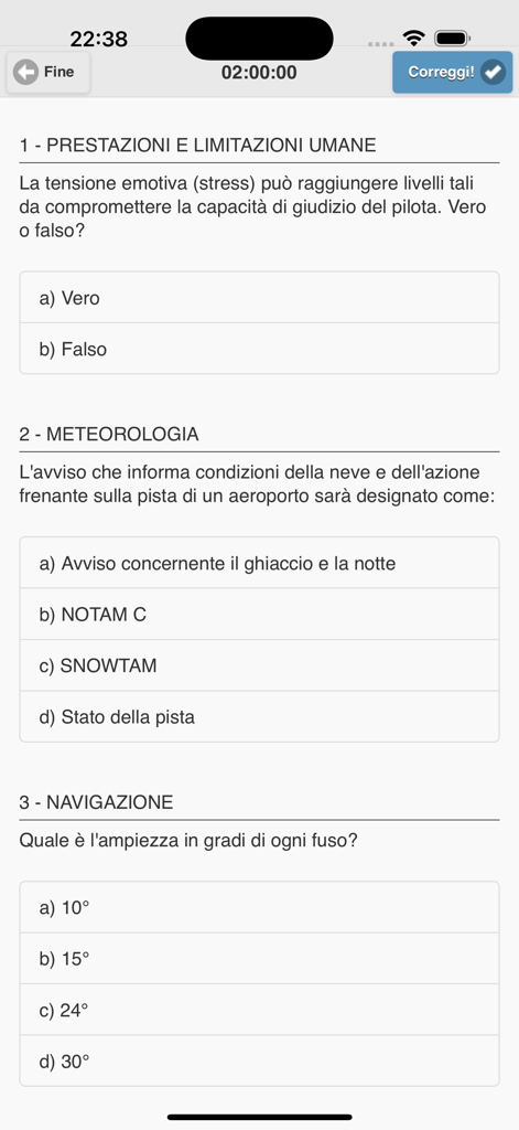 Exam simulation screen from the Quiz PPL(A) app featuring multiple choice aviation questions in Italian