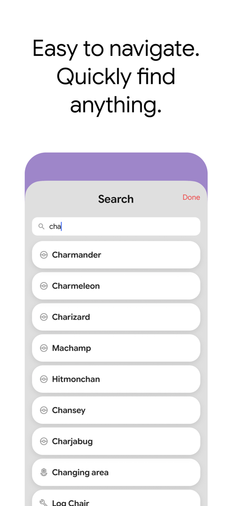 Search screen of the Pokopedia app showing quick search results for Pokemon like Charmander and Charizard.