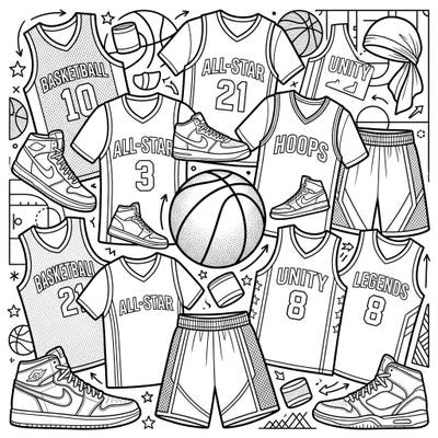 Get ready to hit the court with this exciting basketball activewear coloring page. Discover a dynamic collection of jerseys, shorts, and sneakers, all waiting for your creative touch.