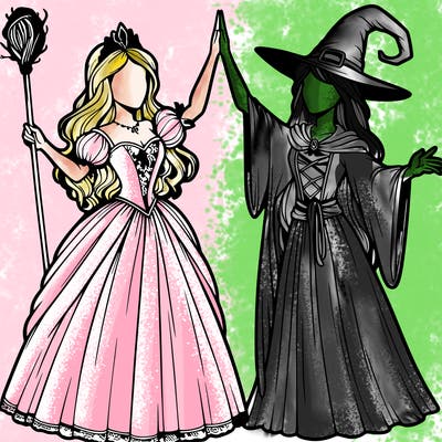detailed realistic split of a princess and a witch