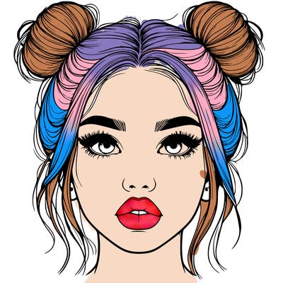 realistic girl with two buns on her hair and lips