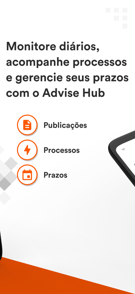 Advise Hub interface showing icons for legal publications lawsuits and deadline management