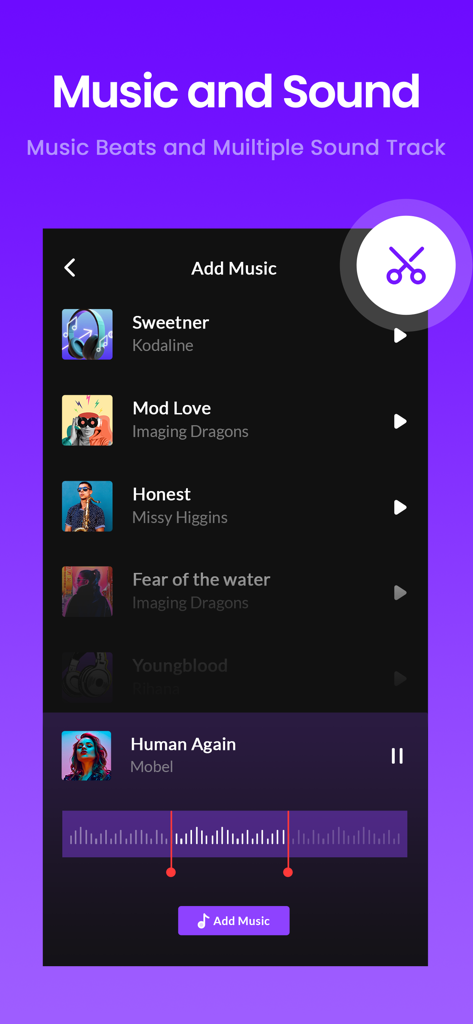 Mirror video editor - Interfaz que muestra la biblioteca de música y las herramientas de edición de forma de onda de audio en la aplicación Mirror Video Editor.