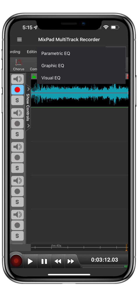 MixPad Music Mixer - MixPad MultiTrack Recorder interface showing audio waveform and EQ options menu