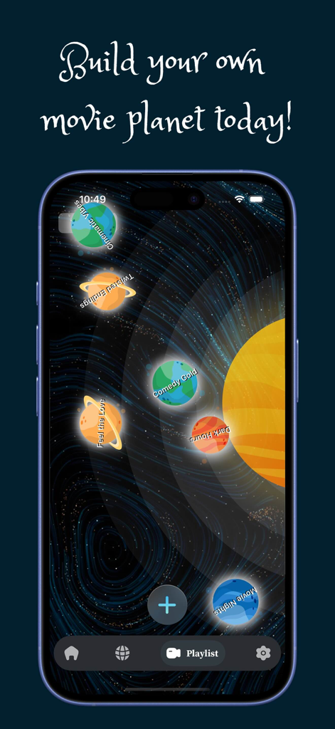 Screenshot of the GameBox app cosmic interface showing movie playlists represented as colorful planets in a galaxy.
